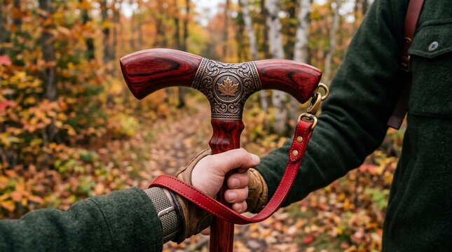 Man holding wooden cane in forest during autumn season