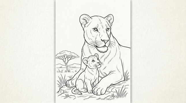 Lioness and cub resting in savannah grassland