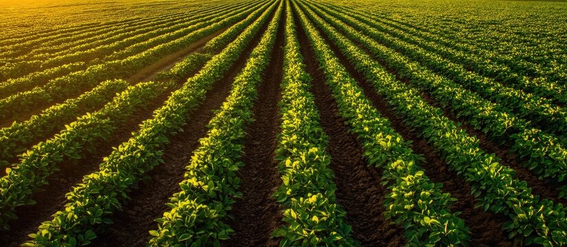 Lush Green Crop Field with Rows of Plants in Sunset Light