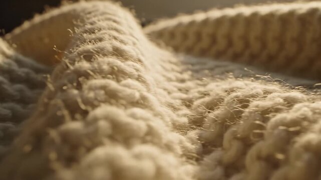 Close up of beige knitted wool fabric texture.