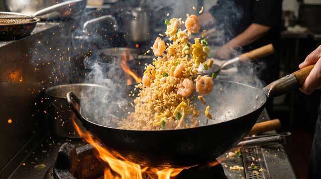 High Speed Wok Tossing Fried Rice with Flying Shrimp