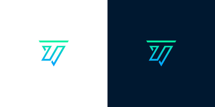 Modern geometric letter T monogram logo design with blue and green gradient lines isolated on white and dark background for business identity