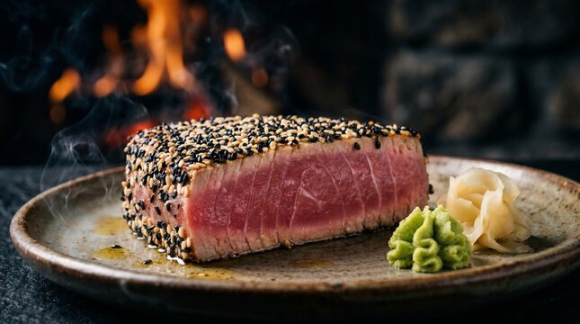 Seared ahi tuna steak with sesame seeds and wasabi