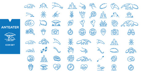 Obraz premium Anteater Icon Set Collection: A comprehensive collection of line art icons featuring anteaters, ant hills, footprints, magnifying glasses, cameras, compasses, trees, and natural elements.