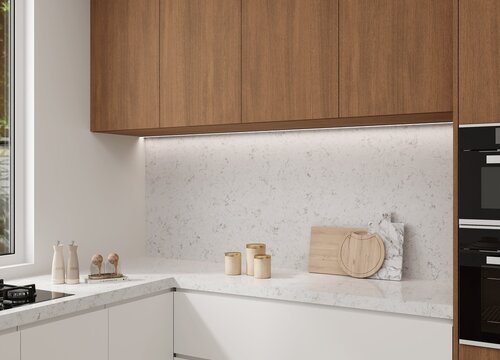 Elegant kitchen design featuring marble backsplash, quartz counters, corner of the bright luxury kitchen. Mockup. 3D Rendering. 3D Illustrations