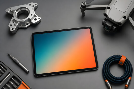 Modern tech innovation flat lay: tablet, 3D print, drone, and ca