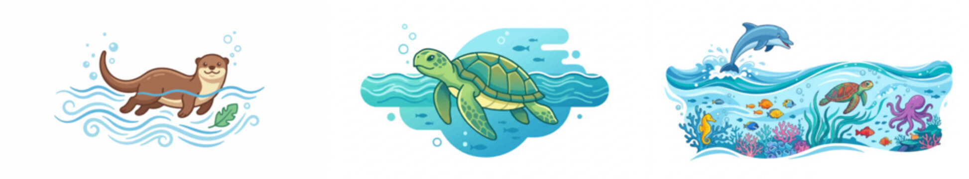 Cartoon otter, sea turtle, and dolphin underwater ocean scene illustration