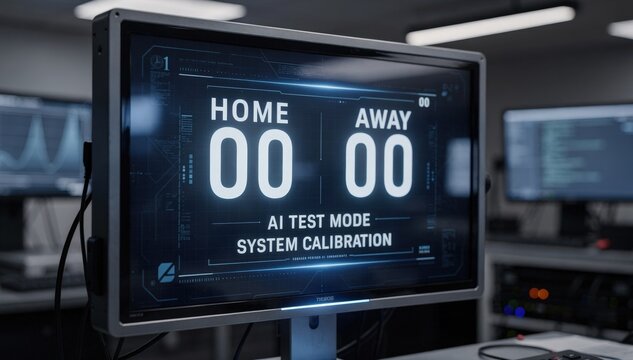 Closeup view of AIdriven game score display during quiet test phase main scoreboard in focus with outoffocus control room surroundings.