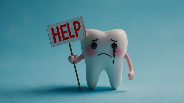 Sad tooth character holding a help sign, dental health concept art.
