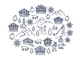 Swiss alpine line icons set, traditional mountain village vector elements, Switzerland travel and culture symbols, minimalist chalet and nature illustrations © Template 