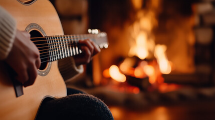 Fototapeta premium Ai Person plays guitar near warm fire in cozy indoor space during evening time