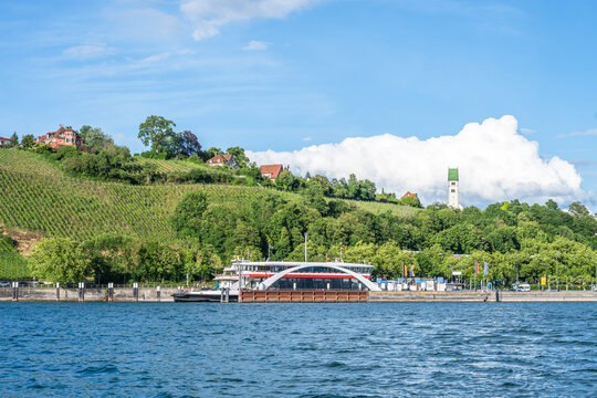 View from the water of the the vineyards and ferry of Meersburg on Lake Constance, on the German side