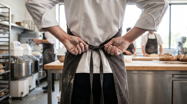 Professional baker tying apron strings behind back in a commercial kitchen
