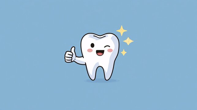 Cartoon tooth character gives a thumbs up with a wink and sparkles.