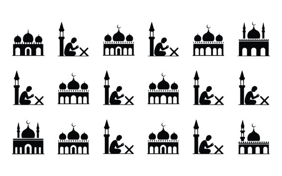 Set of black icons showing muslim worshippers praying with quran inside mosque building.
