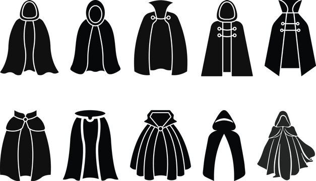 Fantasy cape icon set , vectors of magical headwear, wizard hats fairy tale crowns silhouette with stylized cape aesthetic sorcerer helmets enchanted accessories and mythical costume elements for game