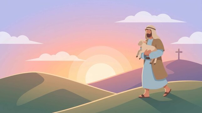 Illustration of the Good Shepherd Carrying a Lamb in a Peaceful Landscape at Sunset