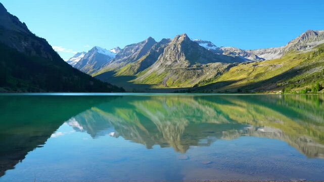 serene mountain lake reflecting jagged peaks and green slopes under a clear blue sky, tranquil nature scene