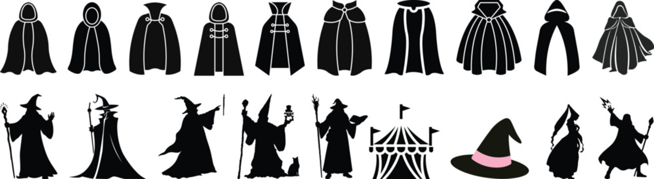 Fantasy cape icon set , vectors of magical headwear, wizard hats fairy tale crowns silhouette with stylized cape aesthetic sorcerer helmets enchanted accessories and mythical costume elements for game