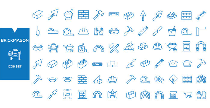 Brick Mason Icon Set: A comprehensive collection of line art icons representing tools and materials essential for brick masonry, ideal for construction, DIY, and professional use.