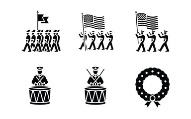 Fototapeta premium Military parade and ceremony icon set with marching soldiers drum players and wreath arts.
