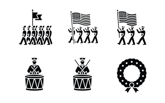 Military parade and ceremony icon set with marching soldiers drum players and wreath arts.