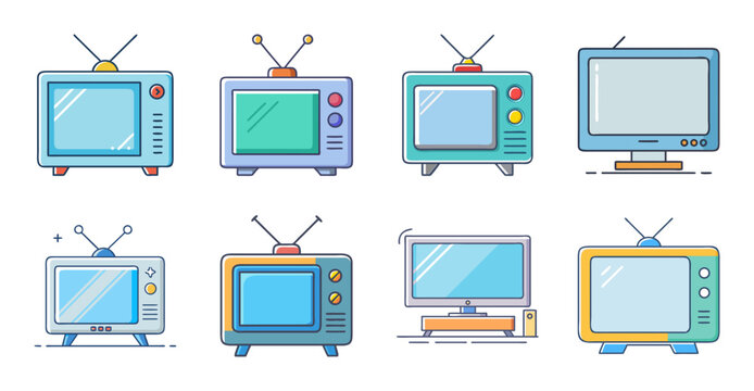 Assorted vintage and modern tv sets flat icon - Bright and colorful collection of old CRT and flat-screen TV icons in a clean, organized layout. Perfect for media or tech illustrations.