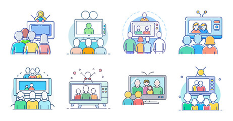 Fototapeta premium Flat cartoon houses with happy family icons - Colorful flat design houses with cheerful family icons and simple household objects inside each home.