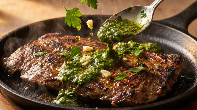 Action Shot Pouring Green Chimichurri Sauce over Steak