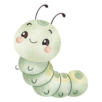 Watercolor illustration of a cute smiling light green caterpillar isolated on white background.