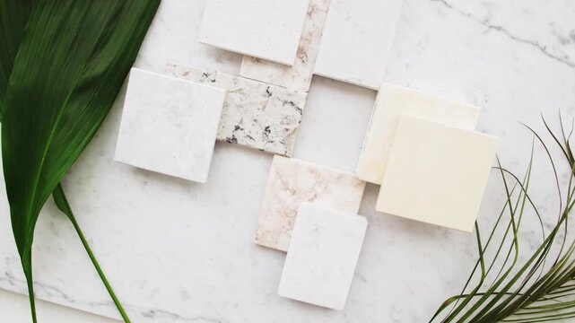 A variety of high-quality natural stone and ceramic flooring samples featuring neutral tones such as white, cream, and gray marble patterns.