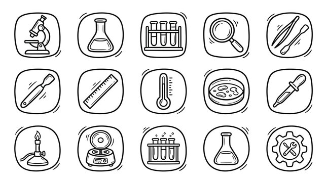 Science laboratory equipment icons set.