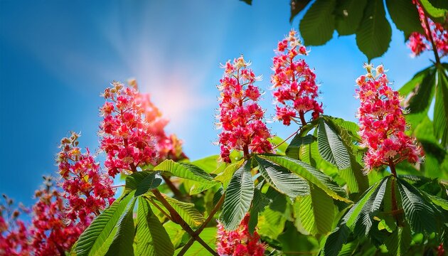 Close Up Of Blooming Red Horse Chestnut Flowers Against Blue Sky Aesculus Carnea Blossoms With Green Leaves In Spring Garden Beautiful Nature Floral Background