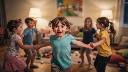 Obraz premium Young players dancing in a circle one childs expressive face crisp and clear surrounded by softly blurred peers and cozy indoor setting emphasizing energetic fun inside.