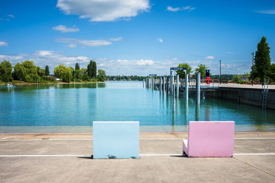 Pier with concrete chairs and ferry terminal in Kreuzlingen on Lake Constance, Switzerland
