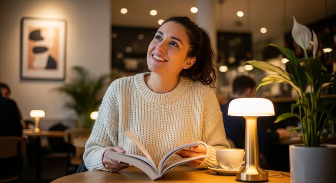 A happy young woman smiling and holding an open book at a cozy cafe table under warm golden lighting