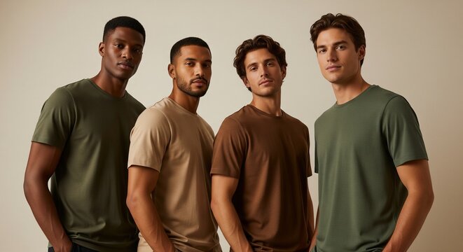 A group of four diverse young men standing together, wearing different earth-toned t-shirts like green, beige, and brown against a neutral studio backdrop