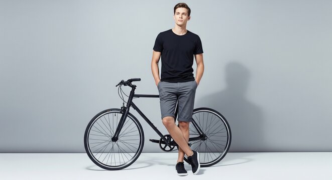 Full-body studio shot of a young man leaning against a black fixed-gear bicycle, wearing a casual black t-shirt and gray shorts on a clean gray background