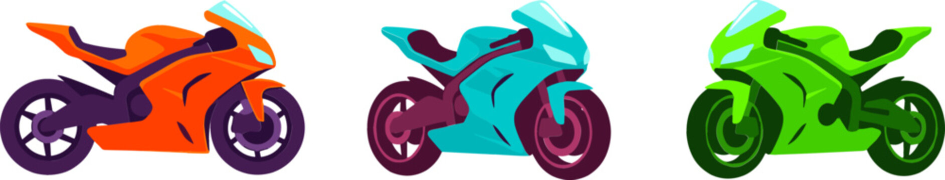 Modern Sport Motorcycle Sportbike Vector Element Set with Three Colorful Racing Motorbikes for Automotive Transportation and Extreme Motorsport Graphic Designs