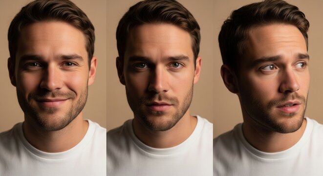 A collage showing three different expressions of the same handsome young man with a light beard. From left to right: smiling happily, looking serious at the camera