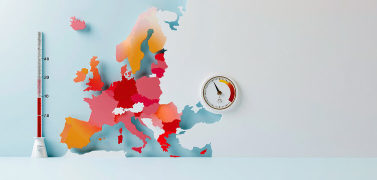 Map of europe highlighting extreme summer temperatures and heatwave conditions, illustrating climate change impacts, global warming trends and rising heat risk across european countries