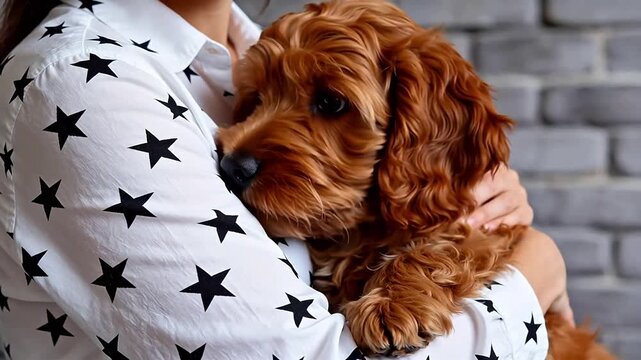 Person holding a brown curlyhaired dog