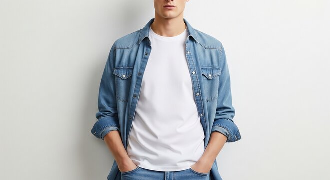 Front view of a young man posing in a basic white t-shirt and an open light blue denim shirt against a clean white studio background