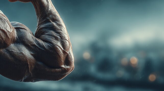 Close up of a toned. muscular human arm flexing biceps with sweat. showing defined muscles and ski