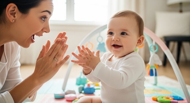 Happy mother clapping hands with her smiling baby during playtime on an activity mat