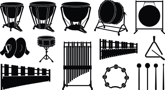 Orchestral Percussion Musical Instrument Silhouette Icon Set Featuring Timpani Concert Bass Drum Gong Tam-Tam Crash Cymbals Snare Drum Tubular Bells Xylophone Tambourine and Triangle Isolated on White