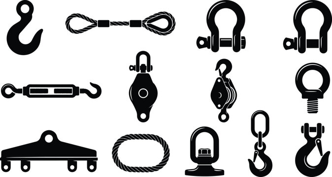 Industrial Lifting and Rigging Hardware Silhouette Icon Set Featuring Crane Hooks Shackle Clevis Turnbuckle Wire Rope Slings Pulley Block Eye Bolt and Lifting Beam Isolated on White