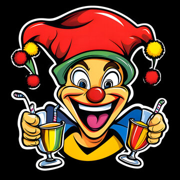 Cheerful jester holds colorful drinks in a playful celebration