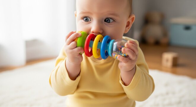 A close-up of a baby sitting on a white blanket and chewing on a colorful rattle toy for teething