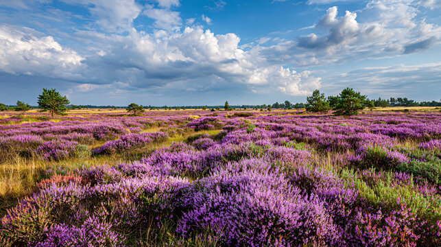 Vibrant Purple Heather Flower Field Under Blue Sky with Clouds in Countryside Landscape